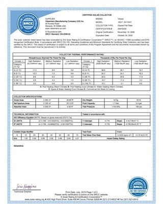 __________________________
Technical Director Print Date: July, 2015 Page 1 of 3
Please verify certification is active on the SRCC website.
© Solar Rating & Certification Corporation™
www.solar-rating.org ♦ 400 High Point Drive, Suite 400 ♦ Cocoa, Florida 32926 ♦ (321) 213-6037 ♦ Fax (321) 821-0910
CERTIFIED SOLAR COLLECTOR
SUPPLIER:
Viessmann Manufacturing Company (US) Inc.
45 Access Road
Warwick, RI 02886 USA
www.viessmann-us.com
In Accordance with:
SRCC Standard 100-2008-02
BRAND: Vitosol
MODEL: 100-F, SV1/SH1
COLLECTOR TYPE: Glazed Flat Plate
CERTIFICATION #: 2007042A
Original Certification: November 19, 2008
Expiration Date: October 24, 2020
The solar collector listed below has been evaluated by the Solar Rating & Certification Corporation™ (SRCC™), an ISO/IEC 17065 accredited and EPA
recognized Certification Body, in accordance with SRCC OG-100, Operating Guidelines and Minimum Standards for Certifying Solar Collectors, and has been
certified by the SRCC. This award of certification is subject to all terms and conditions of the Program Agreement and the documents incorporated therein by
reference. This document must be reproduced in its entirety.
COLLECTOR THERMAL PERFORMANCE RATING
Kilowatt-hours (thermal) Per Panel Per Day Thousands of Btu Per Panel Per Day
Climate -> High Radiation
(6.3 kWh/m².day)
Medium Radiation
(4.7 kWh/m².day)
Low Radiation
(3.1 kWh/m².day)
Climate -> High Radiation
(2000 Btu/ft².day)
Medium Radiation
(1500 Btu/ft².day)
Low Radiation
(1000 Btu/ft².day)Category
(Ti-Ta)
Category
(Ti-Ta)
A (-5 °C) 11.3 8.5 5.8 A (-9 °F) 38.6 29.1 19.7
B (5 °C) 10.3 7.5 4.8 B (9 °F) 35.2 25.7 16.3
C (20 °C) 8.8 6.0 3.3 C (36 °F) 30.0 20.6 11.4
D (50 °C) 5.8 3.3 1.0 D (90 °F) 19.7 11.2 3.3
E (80 °C) 3.0 0.9 0.0 E (144 °F) 10.1 3.1 0.0
A- Pool Heating (Warm Climate) B- Pool Heating (Cool Climate) C- Water Heating (Warm Climate)
D- Space & Water Heating (Cool Climate) E- Commercial Hot Water & Cooling
COLLECTOR SPECIFICATIONS
Gross Area: 2.494 m² 26.85 ft² Dry Weight: 42 kg 93 lb
Net Aperture Area: 2.335 m² 25.13 ft² Fluid Capacity: 1.7 liter 0.4 gal
Absorber Area: 0.000 m² 0.00 ft² Test Pressure: 1103 kPa 160 psi
TECHNICAL INFORMATION Tested in accordance with:
ISO Efficiency Equation [NOTE: Based on gross area and (P)=Ti-Ta]
SI UNITS: η= 0.769 - 3.61400(P/G) - 0.01358(P²/G) Y Intercept: 0.776 Slope: -4.427 W/m².°C
IP UNITS: η= 0.769 - 0.63694(P/G) - 0.00133(P²/G) Y Intercept: 0.776 Slope: -0.780 Btu/hr.ft².°F
Incident Angle Modifier Test Fluid: Water
θ 10 20 30 40 50 60 70 Test Mass Flow Rate: 0.0200 kg/(s m²) 14.78 lb/(hr ft²)
Kτα 1.00 0.99 0.98 0.95 0.88 0.69 0.01 Impact Safety Rating:
REMARKS:
 