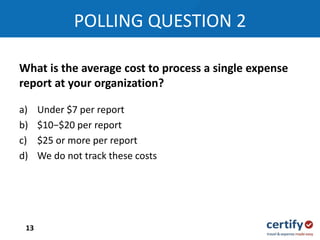 a) Under $7 per report
b) $10−$20 per report
c) $25 or more per report
d) We do not track these costs
What is the average cost to process a single expense
report at your organization?
POLLING QUESTION 2
13
 