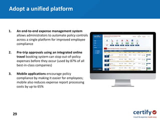 29
1. An end-to-end expense management system
allows administrators to automate policy controls
across a single platform for improved employee
compliance
2. Pre-trip approvals using an integrated online
travel booking system can stop out-of-policy
expenses before they occur (used by 87% of all
best-in-class companies)
3. Mobile applications encourage policy
compliance by making it easier for employees;
mobile also reduces expense report processing
costs by up to 65%
Adopt a unified platform
 