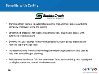 40
• Transition from manual to automated expense management process with 500
company employees using the system
• Streamlined processes for expense report creation, plus mobile access with
automatic receipt capture
• $40,000 first year savings from avoiding duplicate/out of policy expenses and
reduced paper postage costs
• Increased visibility from extensive integrated reporting capabilities also used to
help with annual budget planning
• Reduced overhead—the full-time accountant for expense auditing was reassigned
to a higher-value function within the company
Benefits with Certify
 