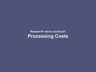 14
Reason #1 not to use Excel:
Processing Costs
 