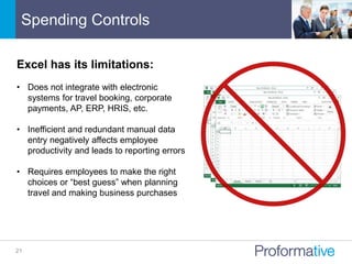 Spending Controls
21
Excel has its limitations:
• Does not integrate with electronic
systems for travel booking, corporate
payments, AP, ERP, HRIS, etc.
• Inefficient and redundant manual data
entry negatively affects employee
productivity and leads to reporting errors
• Requires employees to make the right
choices or “best guess” when planning
travel and making business purchases
 