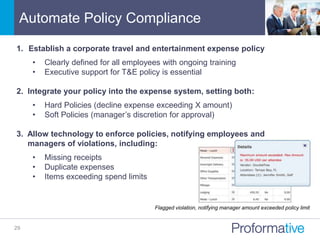 Automate Policy Compliance
29
1. Establish a corporate travel and entertainment expense policy
• Clearly defined for all employees with ongoing training
• Executive support for T&E policy is essential
2. Integrate your policy into the expense system, setting both:
• Hard Policies (decline expense exceeding X amount)
• Soft Policies (manager’s discretion for approval)
3. Allow technology to enforce policies, notifying employees and
managers of violations, including:
• Missing receipts
• Duplicate expenses
• Items exceeding spend limits
Flagged violation, notifying manager amount exceeded policy limit
 