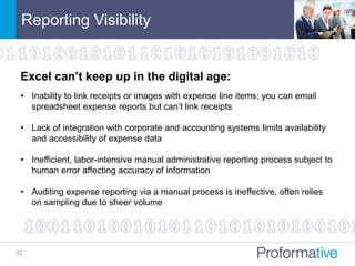 Reporting Visibility
32
Excel can’t keep up in the digital age:
• Inability to link receipts or images with expense line items; you can email
spreadsheet expense reports but can’t link receipts
• Lack of integration with corporate and accounting systems limits availability
and accessibility of expense data
• Inefficient, labor-intensive manual administrative reporting process subject to
human error affecting accuracy of information
• Auditing expense reporting via a manual process is ineffective, often relies
on sampling due to sheer volume
 
