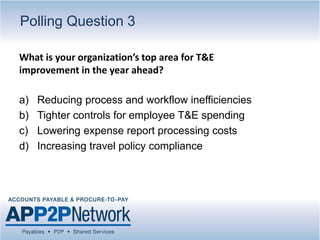 Polling Question 3
a) Reducing process and workflow inefficiencies
b) Tighter controls for employee T&E spending
c) Lowering expense report processing costs
d) Increasing travel policy compliance
What is your organization’s top area for T&E
improvement in the year ahead?
 