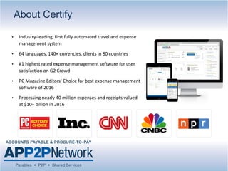 • Industry-leading, first fully automated travel and expense
management system
• 64 languages, 140+ currencies, clients in 80 countries
• #1 highest rated expense management software for user
satisfaction on G2 Crowd
• PC Magazine Editors’ Choice for best expense management
software of 2016
• Processing nearly 40 million expenses and receipts valued
at $10+ billion in 2016
About Certify
 