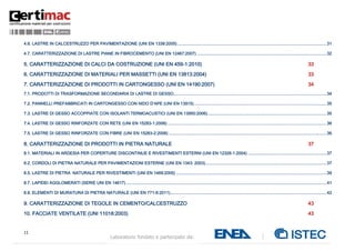 11
Laboratorio fondato e partecipato da:
4.6. LASTRE IN CALCESTRUZZO PER PAVIMENTAZIONE (UNI EN 1339:2005)...........................................................................................................................31
4.7. CARATTERIZZAZIONE DI LASTRE PIANE IN FIBROCEMENTO (UNI EN 12467:2007) ...........................................................................................................32
5. CARATTERIZZAZIONE DI CALCI DA COSTRUZIONE (UNI EN 459-1:2010) 33
6. CARATTERIZZAZIONE DI MATERIALI PER MASSETTI (UNI EN 13813:2004) 33
7. CARATTERIZZAZIONE DI PRODOTTI IN CARTONGESSO (UNI EN 14190:2007) 34
7.1. PRODOTTI DI TRASFORMAZIONE SECONDARIA DI LASTRE DI GESSO..............................................................................................................................34
7.2. PANNELLI PREFABBRICATI IN CARTONGESSO CON NIDO D’APE (UNI EN 13915) .............................................................................................................35
7.3. LASTRE DI GESSO ACCOPPIATE CON ISOLANTI TERMOACUSTICI (UNI EN 13950:2006)..................................................................................................35
7.4. LASTRE DI GESSO RINFORZATE CON RETE (UNI EN 15283-1:2006) ...................................................................................................................................36
7.5. LASTRE DI GESSO RINFORZATE CON FIBRE (UNI EN 15283-2:2006) ..................................................................................................................................36
8. CARATTERIZZAZIONE DI PRODOTTI IN PIETRA NATURALE 37
8.1. MATERIALI IN ARDESIA PER COPERTURE DISCONTINUE E RIVESTIMENTI ESTERNI (UNI EN 12326-1:2004) .................................................................37
8.2. CORDOLI DI PIETRA NATURALE PER PAVIMENTAZIONI ESTERNE (UNI EN 1343: 2003)....................................................................................................37
8.5. LASTRE DI PIETRA NATURALE PER RIVESTIMENTI (UNI EN 1469:2005) ............................................................................................................................39
8.7. LAPIDEI AGGLOMERATI (SERIE UNI EN 14617) .....................................................................................................................................................................41
8.8. ELEMENTI DI MURATURA DI PIETRA NATURALE (UNI EN 771-6:2011).................................................................................................................................42
9. CARATTERIZZAZIONE DI TEGOLE IN CEMENTO/CALCESTRUZZO 43
10. FACCIATE VENTILATE (UNI 11018:2003) 43
 