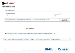 13
Laboratorio fondato e partecipato da:
COME LEGGERE LA GUIDA
11101 Determinazione sperimentale della conducibilità termica "λ10,dry" dell’impasto cotto di argilla (3 provini)
UNI EN 1745,
UNI EN 12664
* Qualora la prova venga eseguita secondo una Procedura Operativa Interna, verrà indicata la sigla P.O.I.
NOTA: Le tariffe comprendono la redazione e l’emissione di Rapporti di Prova corredati di grafici, tabelle e immagini fotografiche.
Norma applicata*
Codice di riferimento
Nome della prova
 