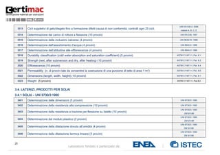 25
Laboratorio fondato e partecipato da:
3313 Cicli suppletivi di gelo/disgelo fino a formazione difetti causa di non conformità, controlli ogni 25 cicli.
UNI EN 539-2: 2006
metodi A, B, C, E
3314 Determinazione del carico di rottura a flessione (10 provini) UNI EN 538: 1997
3315 Determinazione delle inclusioni calcaree (4 provini) UNI 8635/16: 1986
3316 Determinazione dell'assorbimento d'acqua (4 provini) UNI 8942-3: 1986
3317 Determinazione dell'attitudine alle efflorescenze (4 provini) UNI 8942-3: 1986
3318 Durability classification (cold water absorption and saturation coefficient) (5 provini) ASTM C1167-11, Par. 6.1
3319 Strength (wet, after submersion and dry, after heating) (10 provini) ASTM C1167-11, Par. 6.3
3320 Efflorescence (10 provini) ASTM C1167-11, Par. 6.4
3321 Permeability (n. di provini tale da consentire la costruzione di una porzione di tetto di area 1 m2) ASTM C1167-11, Par. 6.6
3322 Dimensions (length, width, height) (10 provini) ASTM C1167-11, Par. 8.1
3323 Weight (5 provini) ASTM C1167-11, Par.8.2
3.4. LATERIZI. PRODOTTI PER SOLAI
3.4.1 SOLAI – UNI 9730/3:1990
3401 Determinazione delle dimensioni (5 provini) UNI 9730/3: 1990
3402 Determinazione della resistenza alla compressione (10 provini) UNI 9730/3: 1990
3403 Determinazione della resistenza a trazione per flessione su listello (10 provini)
UNI 9730/3: 1990
DM 9/1/96
3404 Determinazione del modulo elastico (2 provini)
UNI 9730/3: 1990
DM 9/1/96
3405 Determinazione della dilatazione dovuta all'umidità (4 provini)
UNI 9730/3: 1990
DM 9/1/96
3406 Determinazione della dilatazione termica lineare (3 provini)
UNI 9730/3: 1990
DM 9/1/96
 