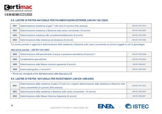 39
Laboratorio fondato e partecipato da:
8.4. LASTRE DI PIETRA NATURALE PER PAVIMENTAZIONI ESTERNE (UNI EN 1341:2003)
8401 Determinazione resistenza al gelo * (48 cicli) (21 provini) (Flex esclusa) UNI EN 12371:2010
8402 Determinazione resistenza a flessione sotto carico concentrato (10 provini) UNI EN 12372:2007
8403 Determinazione resistenza allo scivolamento/slittamento (6 provini) UNI EN 14231:2004
8404 Determinazione della resistenza ad abrasione (6 provini) UNI EN 14157:2005
*La norma prevede in aggiunta la determinazione della resistenza a flessione sotto carico concentrato sui provini soggetti ai cicli di gelo/disgelo
Altre prove previste – UNI EN 1341:2003
8405 Determinazione dell’assorbimento d acqua a pressione atmosferica (6 provini) ** UNI EN 13755:2008
8406 Caratteristiche geometriche UNI EN 13373:2004
8408 Determinazione delle Massa volumica apparente (6 provini) UNI EN 1936:2007
8409 Esame petrografico (1 provino?) UNI EN 12407:2007
** Prova non vincolante ai fini dell’ottenimento della Marcatura CE
8.5. LASTRE DI PIETRA NATURALE PER RIVESTIMENTI (UNI EN 1469:2005)
8501
Determinazione della resistenza al gelo (12 cicli) con a seguire determinazione della resistenza a flessione sotto
carico concentrato (21 provini) (Flex esclusa)
UNI EN 12371:2010
8502 Determinazione della resistenza a flessione sotto carico concentrato (10 provini) UNI EN 12372:2007
8503 Determinazione della Massa Volumica Apparente (6 provini) UNI EN 1936:2007
 