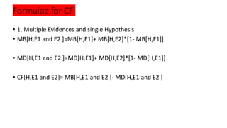 Formulae for CF
• 1. Multiple Evidences and single Hypothesis
• MB[H,E1 and E2 ]=MB[H,E1]+ MB[H,E2]*[1- MB[H,E1]]
• MD[H,E1 and E2 ]=MD[H,E1]+ MD[H,E2]*[1- MD[H,E1]]
• CF[H,E1 and E2]= MB[H,E1 and E2 ]- MD[H,E1 and E2 ]
 