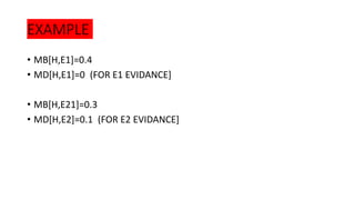 EXAMPLE
• MB[H,E1]=0.4
• MD[H,E1]=0 (FOR E1 EVIDANCE]
• MB[H,E21]=0.3
• MD[H,E2]=0.1 (FOR E2 EVIDANCE]
 