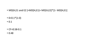 • MD[H,E1 and E2 ]=MD[H,E1]+ MD[H,E2]*[1- MD[H,E1]
• 0+0.1*(1-0)
• 0.1
• CF=0.58-0.1
• 0.48
 