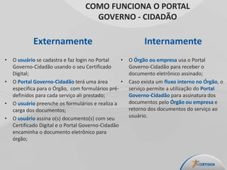 Externamente
• O usuário se cadastra e faz login no Portal
Governo-Cidadão usando o seu Certificado
Digital;
• O Portal Governo-Cidadão terá uma área
especifica para o Órgão, com formulários pré-
definidos para cada serviço ali prestado;
• O usuário preenche os formulários e realiza a
carga dos documentos;
• O usuário assina o(s) documento(s) com seu
Certificado Digital e o Portal Governo-Cidadão
encaminha o documento eletrônico para
órgão;
COMO FUNCIONA O PORTAL
GOVERNO - CIDADÃO
Internamente
• O Órgão ou empresa usa o Portal
Governo-Cidadão para receber o
documento eletrônico assinado;
• Caso exista um fluxo interno no Órgão, o
serviço permite a utilização do Portal
Governo-Cidadão para assinatura dos
documentos pelo Órgão ou empresa e
retorno dos documentos do serviço ao
usuário.
 