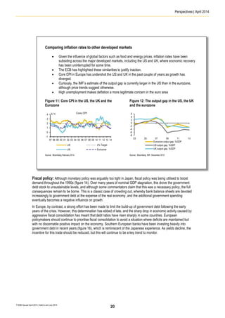 Perspectives | April 2014
T16363 Issued April 2014 | Valid to end July 2014
Fiscal policy: Although monetary policy was arguably too tight in Japan, fiscal policy was being utilised to boost
demand throughout the 1990s (figure 14). Over many years of nominal GDP stagnation, this drove the government
debt stock to unsustainable levels, and although some commentators claim that this was a necessary policy, the full
consequences remain to be borne. This is a classic case of crowding out, whereby bank balance sheets are devoted
increasingly to government debt at the expense of the real economy, and the additional government spending
eventually becomes a negative influence on growth.
In Europe, by contrast, a strong effort has been made to limit the build-up of government debt following the early
years of the crisis. However, this determination has ebbed of late, and the sharp drop in economic activity caused by
aggressive fiscal consolidation has meant that debt ratios have risen sharply in some countries. European
policymakers should continue to prioritise fiscal consolidation to avoid a situation where deficits are maintained but
with no discernable positive impact on the economy. Southern European banks have been investing heavily into
government debt in recent years (figure 16), which is reminiscent of the Japanese experience. As yields decline, the
incentive for this trade should be reduced, but this will continue to be a key trend to monitor.
Comparing inflation rates to other developed markets
 Given the influence of global factors such as food and energy prices, inflation rates have been
subsiding across the major developed markets, including the US and UK, where economic recovery
has been uninterrupted for some time.
 The ECB has highlighted these similarities to justify inaction.
 Core CPI in Europe has undershot the US and UK in the past couple of years as growth has
diverged.
 Curiously, the IMF’s estimate of the output gap is currently larger in the US than in the eurozone,
although price trends suggest otherwise.
 High unemployment makes deflation a more legitimate concern in the euro area
Figure 11: Core CPI in the US, the UK and the
Eurozone
Figure 12: The output gap in the US, the UK
and the eurozone
Source: Bloomberg February 2014. Source: Bloomberg, IMF, December 2013
20
 