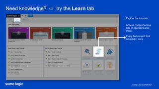 Sumo Logic Confidential
Need knowledge? ⇨ try the Learn tab
Access comprehensive
lists of operators and
more
Every feature and tool
covered in docs
Explore the tutorials
 