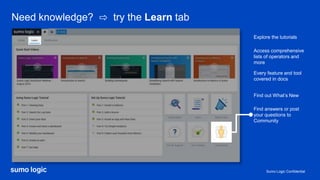 Sumo Logic Confidential
Need knowledge? ⇨ try the Learn tab
Access comprehensive
lists of operators and
more
Every feature and tool
covered in docs
Find out What’s New
Find answers or post
your questions to
Community
Explore the tutorials
 