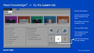 Sumo Logic Confidential
Need knowledge? ⇨ try the Learn tab
Access comprehensive
lists of operators and
more
Every feature and tool
covered in docs
Find out What’s New
Find answers or post
your questions to
Community
Attend/review training
and get certified
Explore the tutorials
 