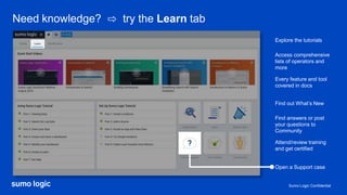 Sumo Logic Confidential
Need knowledge? ⇨ try the Learn tab
Access comprehensive
lists of operators and
more
Every feature and tool
covered in docs
Find out What’s New
Find answers or post
your questions to
Community
Attend/review training
and get certified
Explore the tutorials
Open a Support case
 