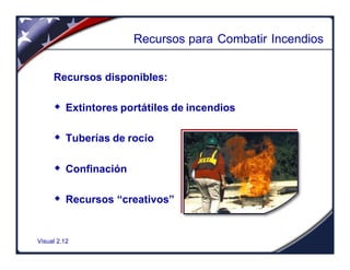 Visual 2.12
Recursos para Combatir Incendios
Recursos disponibles:
w Extintores portátiles de incendios
w Tuberías de rocío
w Confinación
w Recursos “creativos”
 