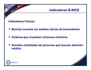 Visual 8.17
Indicadores BIndicadores B--NICENICE
Indicadores FísicosIndicadores Físicos::
w Muchas muertes sin señales obvias de traumatismo
w Víctimas que muestran síntomas similares
w Grandes cantidades de personas que buscan atención
médica
 