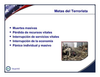 Visual 8.6
Metas del TerroristaMetas del Terrorista
w Muertes masivas
w Pérdida de recursos vitales
w Interrupción de servicios vitales
w Interrupción de la economía
w Pánico individual y masivo
 