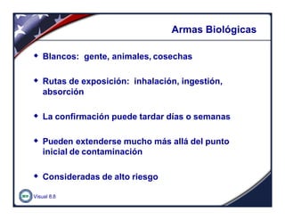 Visual 8.8
Armas BiológicasArmas Biológicas
w Blancos: gente, animales, cosechas
w Rutas de exposición: inhalación, ingestión,
absorción
w La confirmación puede tardar días o semanas
w Pueden extenderse mucho más allá del punto
inicial de contaminación
w Consideradas de alto riesgo
 