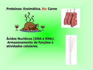 Proteínas: Enzimática. Ex: Carne




Ácidos Nucléicos (DNA e RNA):
Armazenamento de funções e
atividades celulares.
 