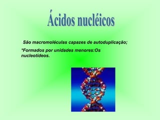 *São macromoléculas capazes de autoduplicação;
*Formados por unidades menores:Os
nucleotídeos.
 
