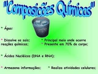* Água:


* Dissolve os sais;       * Principal meio onde ocorre
reações químicas;         * Presente em 70% do corpo;


* Ácidos Nucléicos (DNA e RNA);


* Armazena informações;       * Realiza atividades celulares;
 