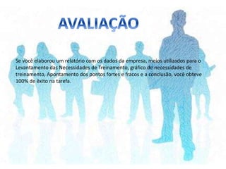 Se você elaborou um relatório com os dados da empresa, meios utilizados para o
Levantamento das Necessidades de Treinamento, gráfico de necessidades de
treinamento, Apontamento dos pontos fortes e fracos e a conclusão, você obteve
100% de êxito na tarefa.
 