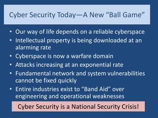 Cyber Security Today—A New “Ball Game”
• Our way of life depends on a reliable cyberspace
• Intellectual property is being downloaded at an
alarming rate
• Cyberspace is now a warfare domain
• Attacks increasing at an exponential rate
• Fundamental network and system vulnerabilities
cannot be fixed quickly
• Entire industries exist to “Band Aid” over
engineering and operational weaknesses
Cyber Security is a National Security Crisis!
 