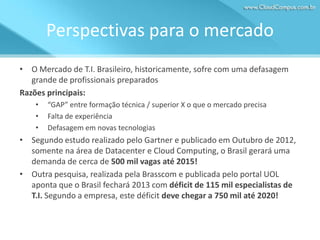 Perspectivas para o mercado
• O Mercado de T.I. Brasileiro, historicamente, sofre com uma defasagem
grande de profissionais preparados
Razões principais:
•
•
•

“GAP” entre formação técnica / superior X o que o mercado precisa
Falta de experiência
Defasagem em novas tecnologias

• Segundo estudo realizado pelo Gartner e publicado em Outubro de 2012,
somente na área de Datacenter e Cloud Computing, o Brasil gerará uma
demanda de cerca de 500 mil vagas até 2015!
• Outra pesquisa, realizada pela Brasscom e publicada pelo portal UOL
aponta que o Brasil fechará 2013 com déficit de 115 mil especialistas de
T.I. Segundo a empresa, este déficit deve chegar a 750 mil até 2020!

 