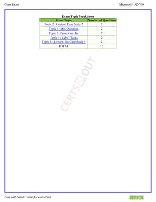 Microsoft - AZ-700
Certs Exam
1 of 20
Pass with Valid Exam Questions Pool
Exam Topic Breakdown
Exam Topic Number of Questions
Topic 2 : Contoso Case Study 2 2
Topic 4 : Mix Questions 2
Topic 3 : Proseware. Inc 2
Topic 5 : Labs / Tasks 2
Topic 1 : Litware. Inc Case Study 1 2
TOTAL 10
 