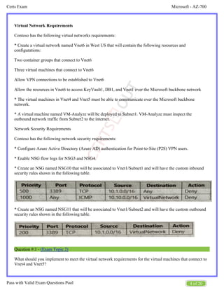 Microsoft - AZ-700
Certs Exam
4 of 20
Pass with Valid Exam Questions Pool
A.
Virtual Network Requirements
Contoso has the following virtual networks requirements:
* Create a virtual network named Vnet6 in West US that will contain the following resources and
configurations:
Two container groups that connect to Vnet6
Three virtual machines that connect to Vnet6
Allow VPN connections to be established to Vnet6
Allow the resources in Vnet6 to access KeyVault1, DB1, and Vnet1 over the Microsoft backbone network
* The virtual machines in Vnet4 and Vnet5 must be able to communicate over the Microsoft backbone
network.
* A virtual machine named VM-Analyze will be deployed to Subnet1. VM-Analyze must inspect the
outbound network traffic from Subnet2 to the internet.
Network Security Requirements
Contoso has the following network security requirements:
* Configure Azure Active Directory (Azure AD) authentication for Point-to-Site (P2S) VPN users.
* Enable NSG flow logs for NSG3 and NSG4.
* Create an NSG named NSG10 that will be associated to Vnet1/Subnet1 and will have the custom inbound
security rules shown in the following table.
* Create an NSG named NSG11 that will be associated to Vnet1/Subnet2 and will have the custom outbound
security rules shown in the following table.
Question #:1 - (Exam Topic 2)
What should you implement to meet the virtual network requirements for the virtual machines that connect to
Vnet4 and Vnet5?
 