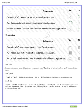 Microsoft - AZ-700
Certs Exam
6 of 20
Pass with Valid Exam Questions Pool
Explanation
Box 1: No
Zone2.contoso.com is not linked to any virtual networks. Therefore, no VMs are able to resolve names in the
zone.
Box 2: Yes
VM4 is in VNet3. Zone1.contoso.com has a link to VNet3 and auto-registration is enabled on the link.
Box3: No
VNet3 is linked to zone1.contoso.com and auto-registration is enabled on the link. A virtual network can only
have one registration zone. You can link zone2.contoso.com to VNet3 but you won’t be able to enable auto-
registration on the link.
 