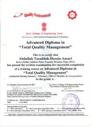 Advanced diploma in TQM