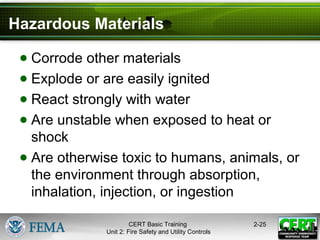 CERT Basic Training
Unit 2: Fire Safety and Utility Controls
2-25
Hazardous Materials
● Corrode other materials
● Explode or are easily ignited
● React strongly with water
● Are unstable when exposed to heat or
shock
● Are otherwise toxic to humans, animals, or
the environment through absorption,
inhalation, injection, or ingestion
 
