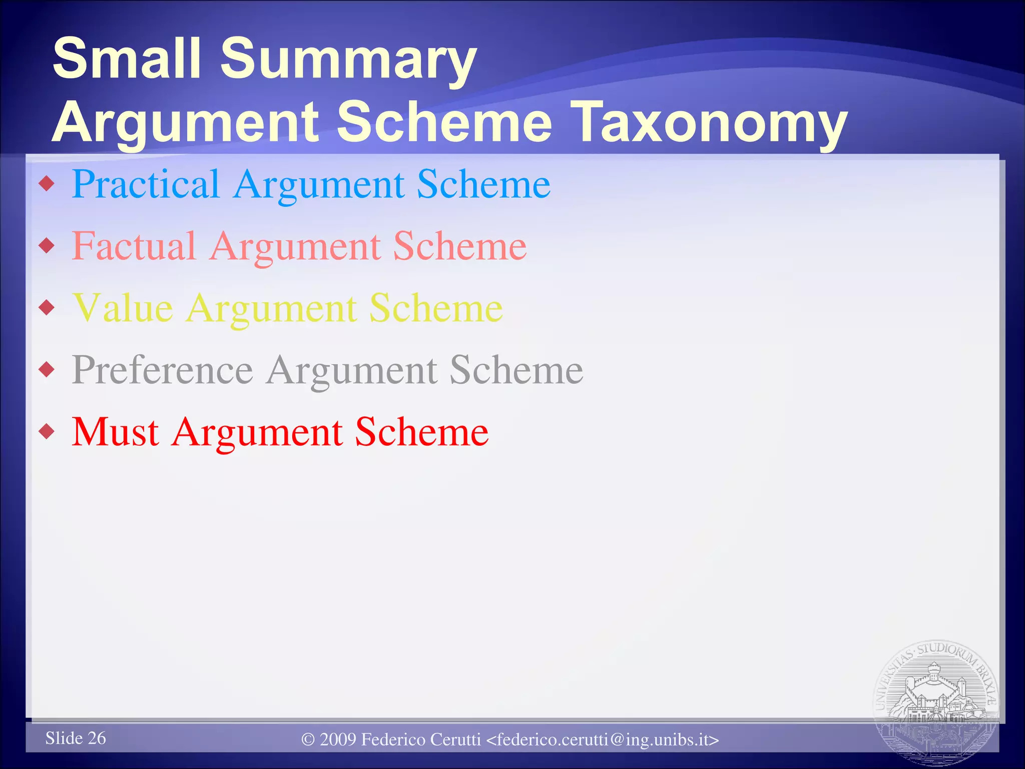 Small Summary
Argument Scheme Taxonomy
   Practical Argument Scheme
   Factual Argument Scheme
   Value Argument Scheme
   Preference Argument Scheme
   Must Argument Scheme




Slide 26       © 2009 Federico Cerutti <federico.cerutti@ing.unibs.it>
 