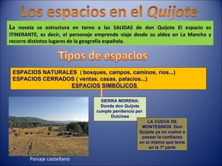 ESPACIOS NATURALES  (  bosques, campos, caminos, ríos...) ESPACIOS CERRADOS ( ventas, casas, palacios...) ESPACIOS SIMBÓLICOS  SIERRA MORENA: Donde don Quijote cumple penitencia por  Dulcinea LA CUEVA DE MONTESINOS :Don Quijote ya no vuelve a poseer la confianza en sí mismo que tenía en la 1ª parte L a novela se estructura en torno a las SALIDAS de don Quijote El espacio es ITINERANTE, es decir, el personaje emprende viaje desde su aldea en La Mancha y recorre distintos lugares de la geografía española. Paisaje castellano 