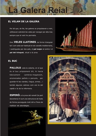 EL VELAM DE LA GALERA
Per bé que, de fet, les galeres es propulsaven a rem,
utilitzaven sobretot les veles per navegar per alta mar,
sempre que el vent ho permetia.
Eren VELES LLATINES, de forma triangular
tal i com solia ser habitual en els vaixells mediterranis,
i sostingudes per dos pals, el pal major al centre i el
pal del trinquet, situat a la proa.
EL BUC
PALLOLS: sota la coberta, en el que
és el buc pròpiament dit, hi havia
bàsicament cambres-magatzem,
anomenades pallols o panyols, per
guardar-hi les viandes, l’aigua, armes... i
també algunes cabines com ara la del
capità o la de la infermeria.
ESPERÓ: a la proa del vaixell (la part
davantera) hi surt una estructura de fusta
de forma punxeguda molt útil a l’hora de
realitzar els abordatges.
La Galera Reial
 