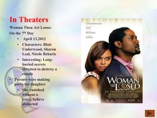 In Theaters
Woman Thou Art Loose:
On the 7th Day
    • April 13,2012
    • Characters: Blair
       Underwood, Sharon
       Leal, Nicole Beharie
    • Interesting: Long-
       buried secrets
       threaten to destroy a
       couple
• Parents were making
  party for daughter
    • She vanished
       without a
       trace, believe
       abducted
 