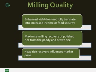 Enhanced yield does not fully translate
into increased income or food security
Maximise milling recovery of polished
rice from the paddy and brown rice
Head rice recovery influences market
price
 