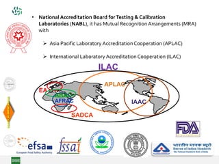 • National Accreditation Board forTesting & Calibration
Laboratories (NABL), it has Mutual RecognitionArrangements (MRA)
with
 Asia Pacific Laboratory Accreditation Cooperation (APLAC)
 International Laboratory Accreditation Cooperation (ILAC)
ILAC
EA
IAAC
SADCA
APLAC
ARAC
AFRAC
 