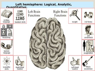 Left hemisphere: Logical, Analytic, Quantitative,  Rational and Verbal Right hemisphere: Conceptual, Holistic, Intuitive,  Imaginative and Non-Verbal 