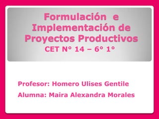 Formulación e
  Implementación de
 Proyectos Productivos
       CET N° 14 – 6° 1°



Profesor: Homero Ulises Gentile
Alumna: Maira Alexandra Morales
 