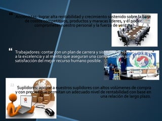  Accionistas: lograr alta rentabilidad y crecimiento sostenido sobre la base
de costos competitivos, productos y maracas líderes, y él poder
comprometer nuestro personal y la fuerza de ventas.
 Trabajadores: contar con un plan de carrera y sistemas de reconocimiento
a la excelencia y al mérito que aseguran una compensación justa y la
satisfacción del mejor recurso humano posible.
 Suplidores: apoyar a nuestros suplidores con altos volúmenes de compra
y con precios que permitan un adecuado nivel de rentabilidad con base en
una relación de largo plazo.
 