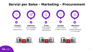 9
Servizi per Sales - Marketing - Procurement
Conosci
il contesto
Italia/Estero
Definisci
una strategia
di sviluppo
Trova
...