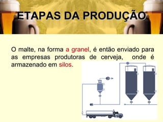 34
ETAPAS DA PRODUÇÃOETAPAS DA PRODUÇÃO
O malte, na forma a granel, é então enviado para
as empresas produtoras de cerveja, onde é
armazenado em silos.
 