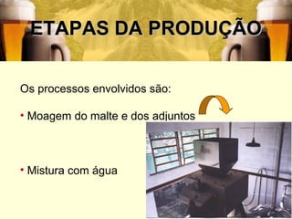 36
ETAPAS DA PRODUÇÃOETAPAS DA PRODUÇÃO
Os processos envolvidos são:
• Moagem do malte e dos adjuntos
• Mistura com água
 